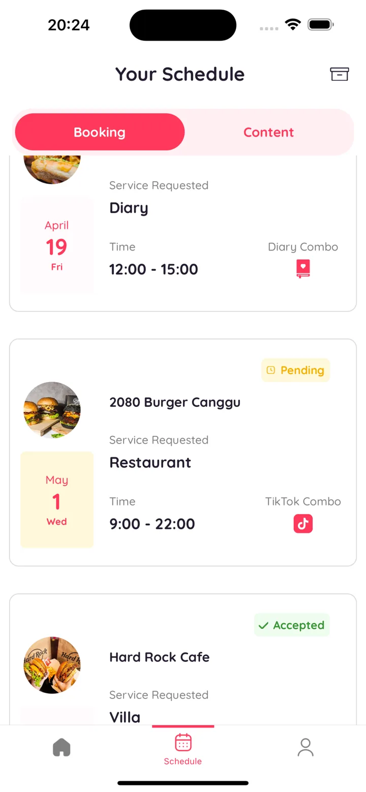 Creator marketplace bookings and content schedule