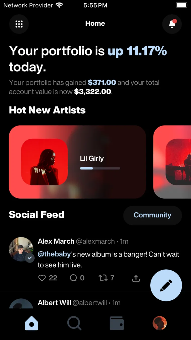 Fan investment platform home feed of new artists