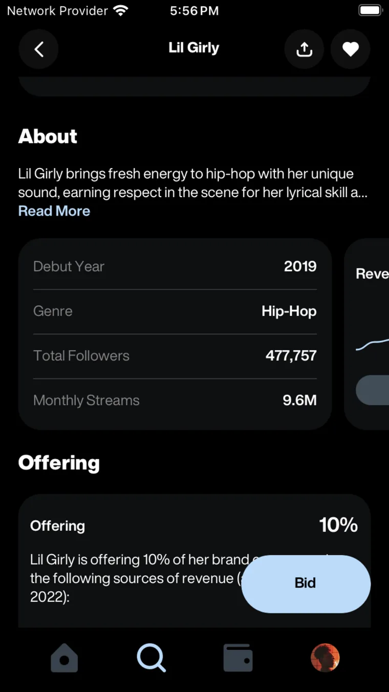 Fan investment platform artist profile with offering