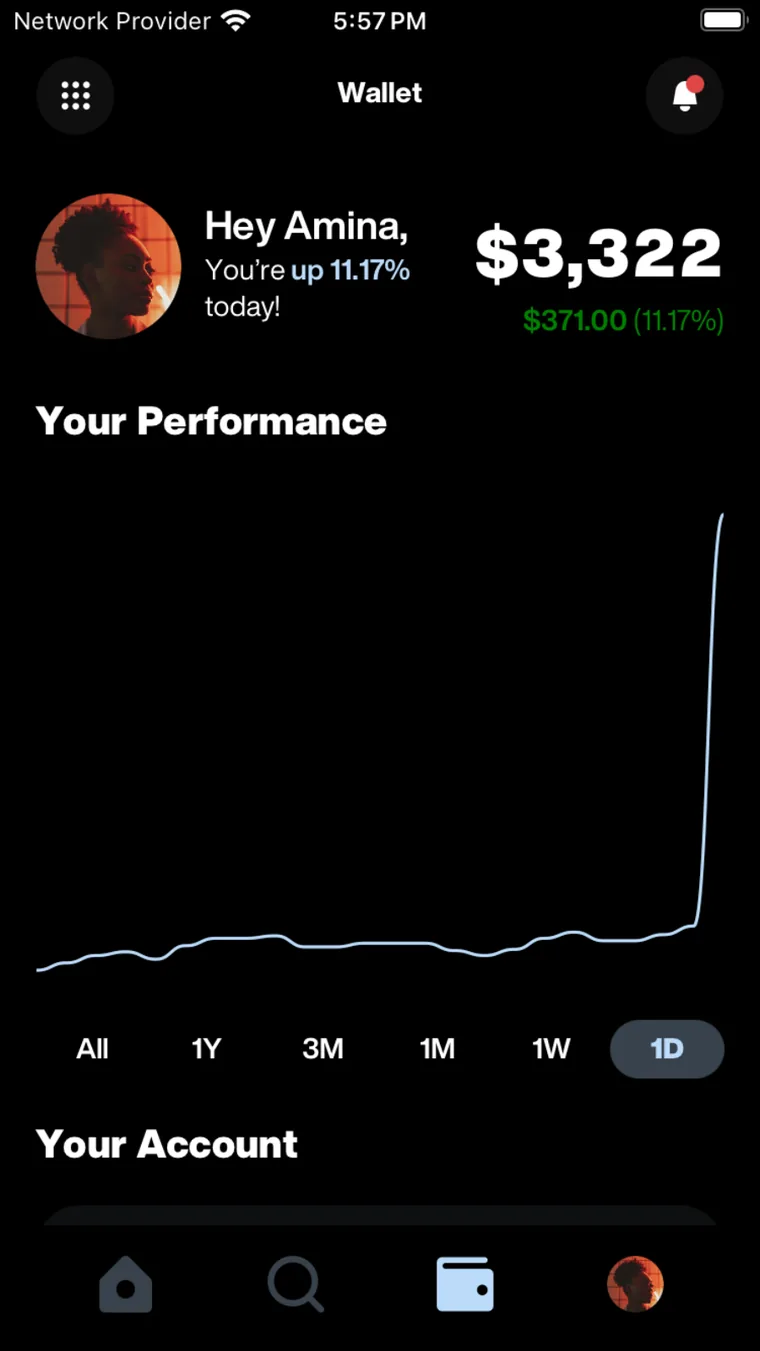 Fan investment platform wallet and portfolio performance screen