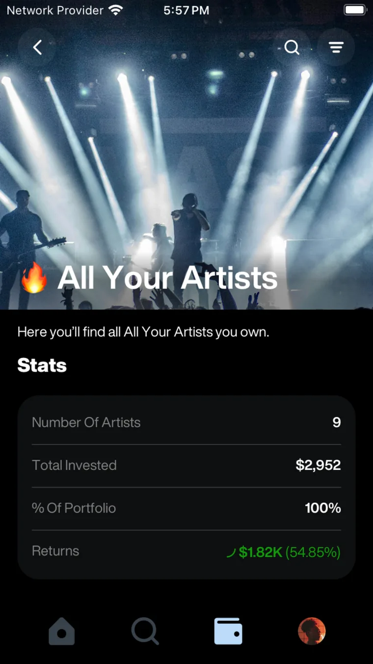 Fan investment platform list of artists held in portfolio
