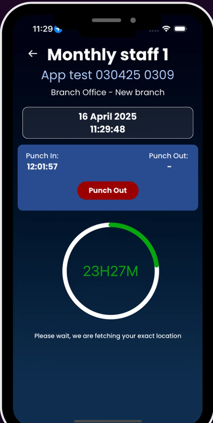 HR platform punch in and out with live hour tracker