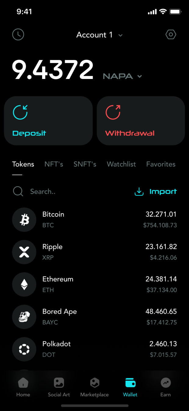 NAPA crypto wallet screen