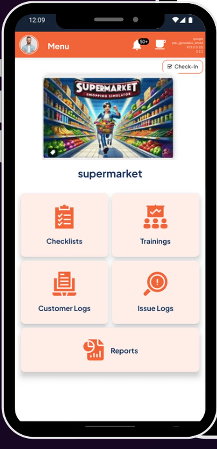 Retail platform store menu with checklists, trainings, logs and reports